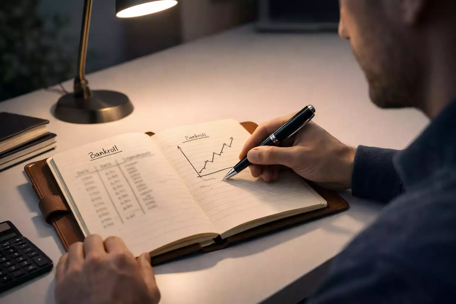 Persoon die gefocust bankroll beheert met notitieboek