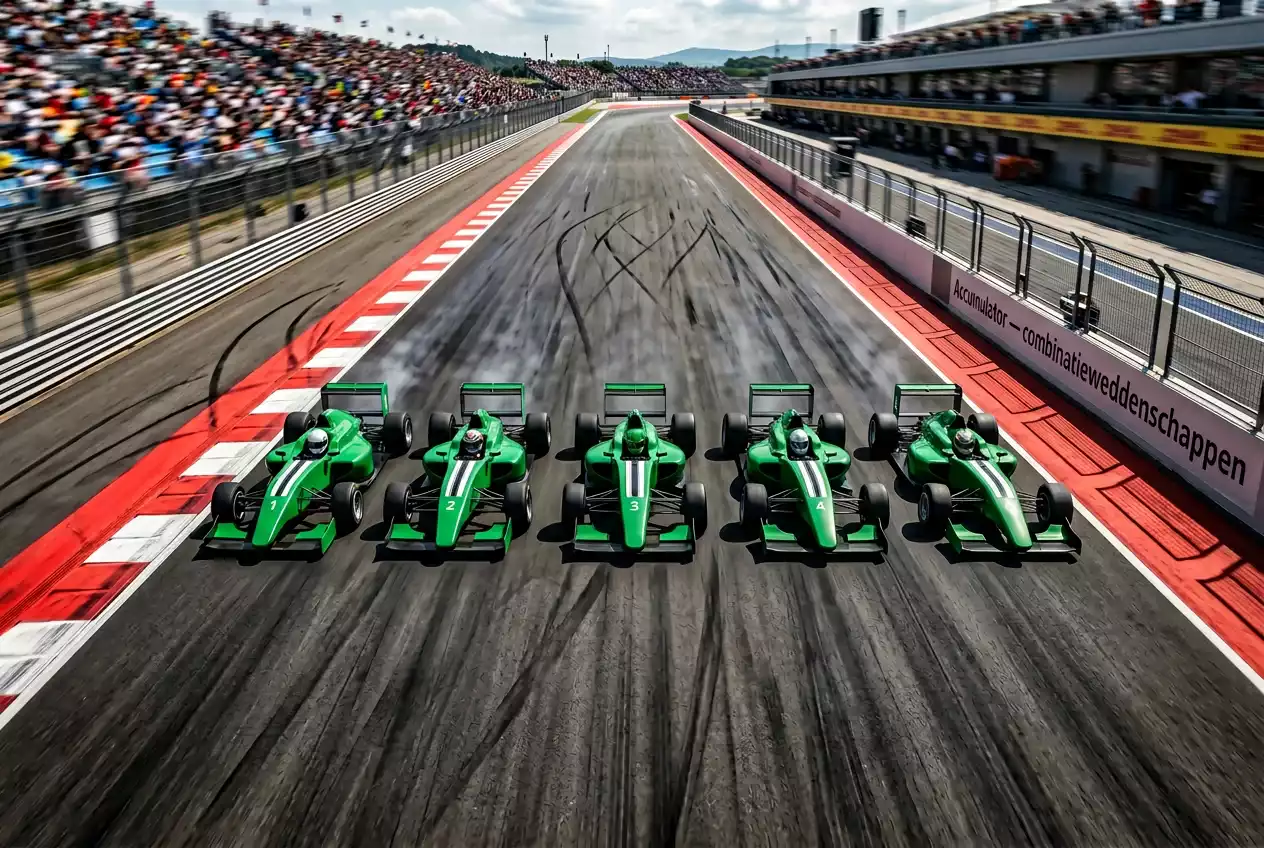 Meerdere Formule 1-auto's in verschillende kleuren racen naast elkaar op een breed circuit