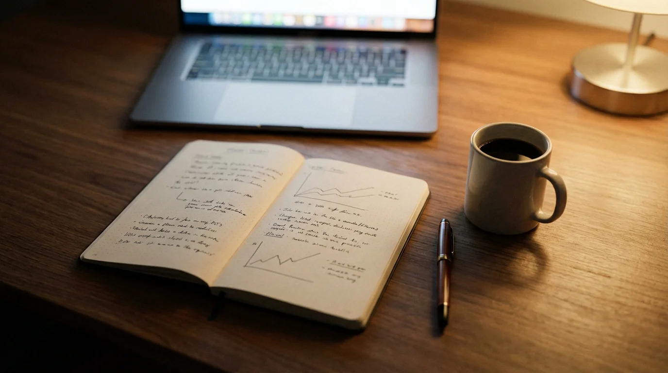 Notitieboek met een pen en een kop koffie op een bureau naast een laptopscherm