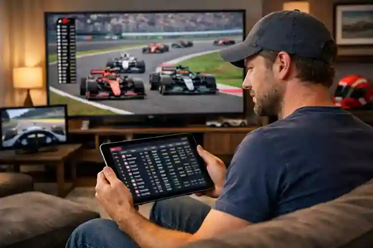 Fan kijkt naar Formule 1 race op meerdere schermen met wedgegevens