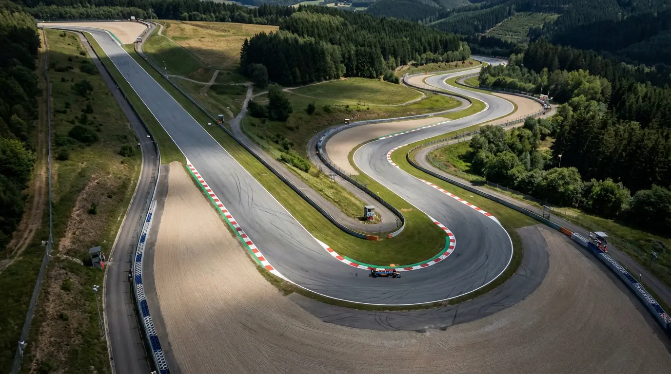 Luchtfoto van een slingerend Formule 1-circuit met kerbstones en grindbakken