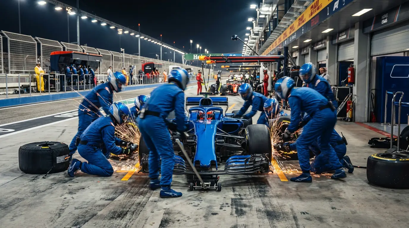 Formule 1-pitcrew in actie tijdens een bandenwissel met vonken en bewegingsonscherpte