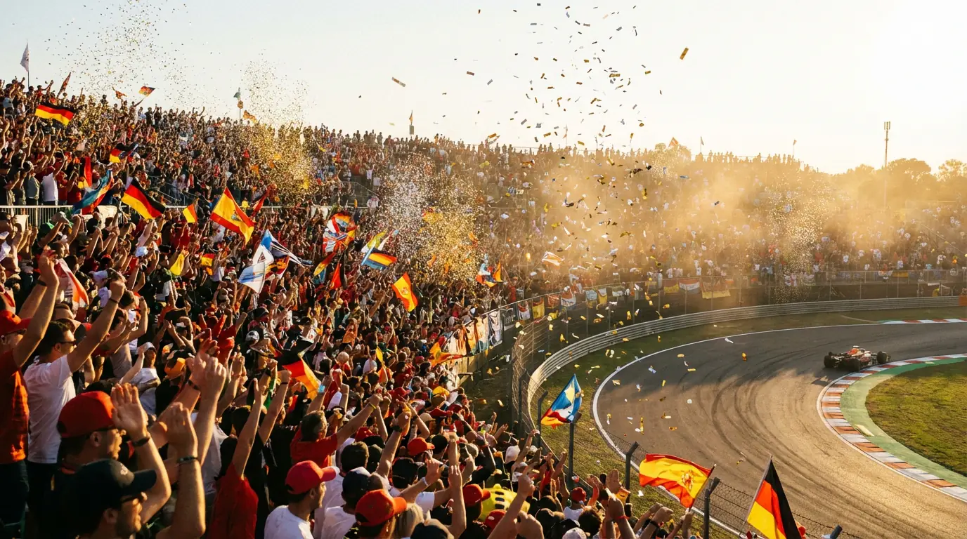 Feestelijke sfeer bij een Formule 1-circuit met vlaggen en confetti in de lucht