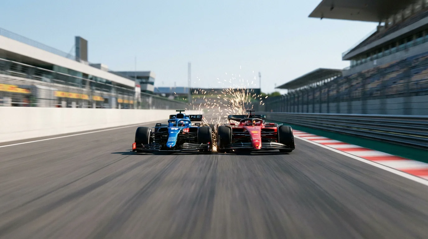 Twee Formule 1-auto's zij aan zij in een duel op het rechte stuk