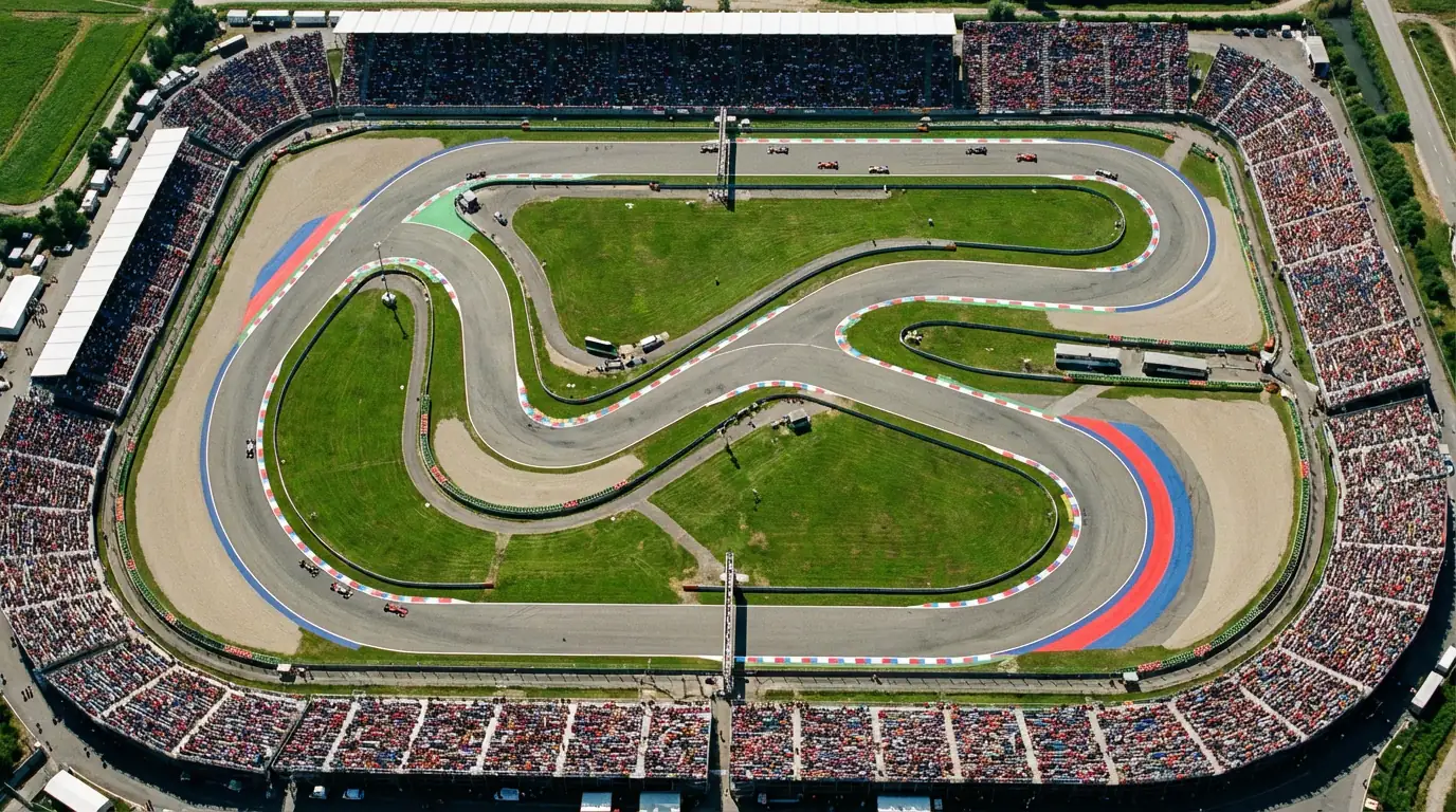 Luchtfoto van een Formule 1-circuit met kleurrijke kerbstones en volle tribunes