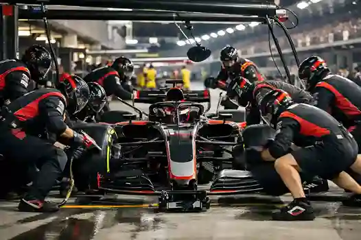 Formule 1 pitstop met monteurs die banden wisselen tijdens de race