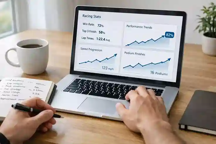 Persoon analyseert sportstatistieken op laptop met aantekeningen