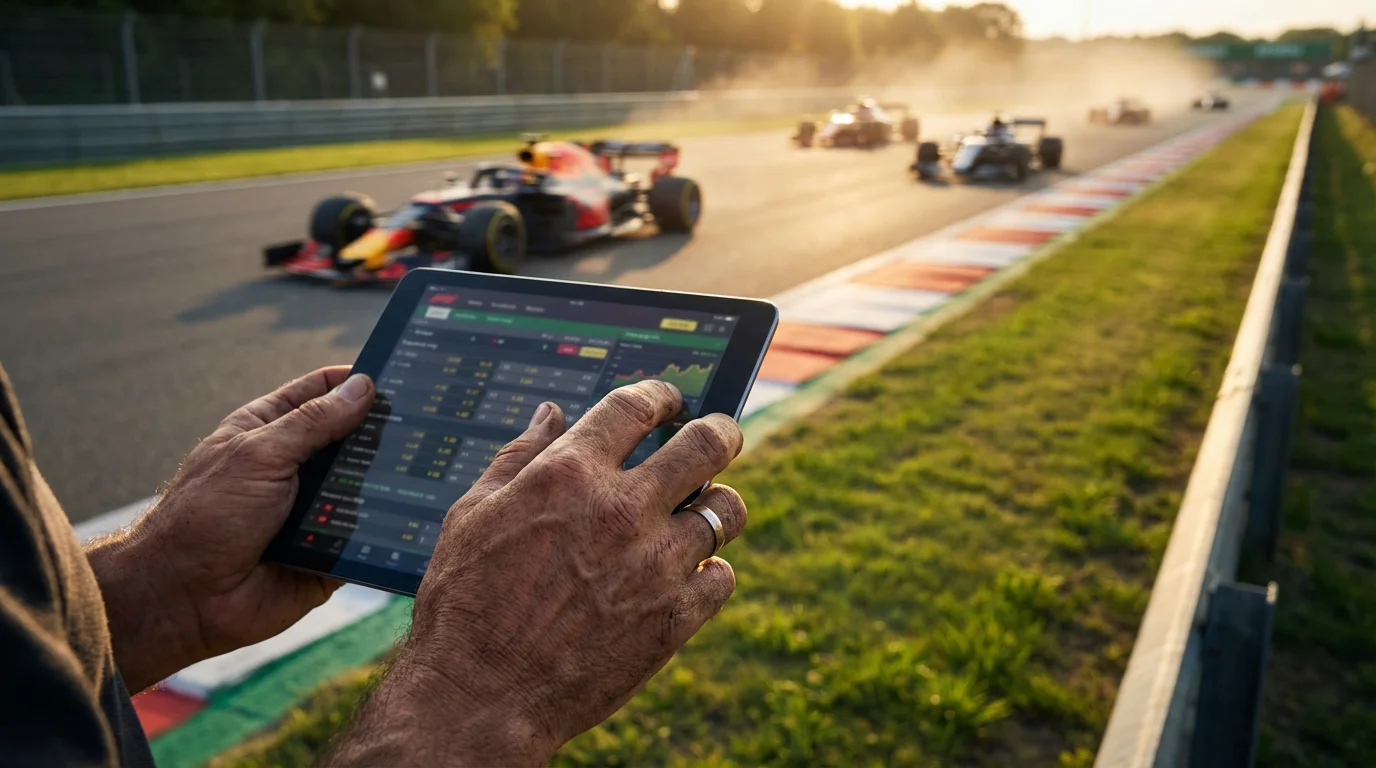 Formule 1-auto op het circuit met digitale quoteringen op de voorgrond