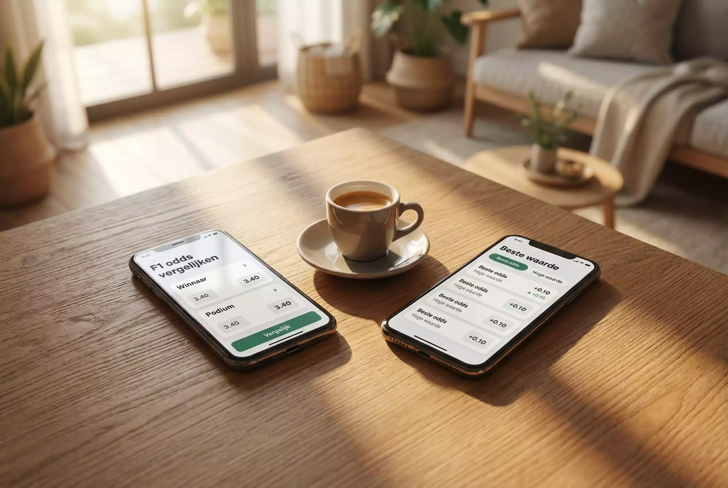 Twee smartphones naast elkaar op een tafel met verschillende schermkleuren en wazige cijfers
