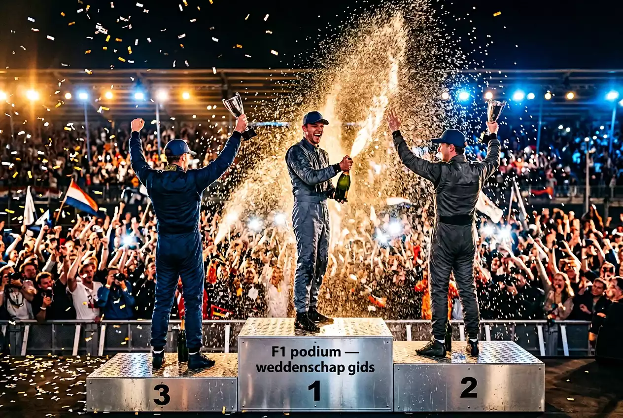 Drie Formule 1-coureurs op het podium met champagne na een Grand Prix