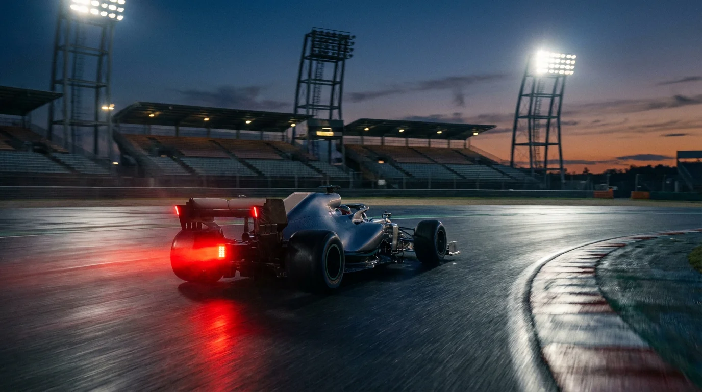 Formule 1-auto rijdt een snelle kwalificatieronde op een verlicht circuit