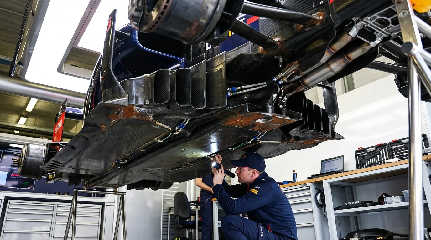 Close-up van de technische vloer van een Formule 1-auto in de pitbox