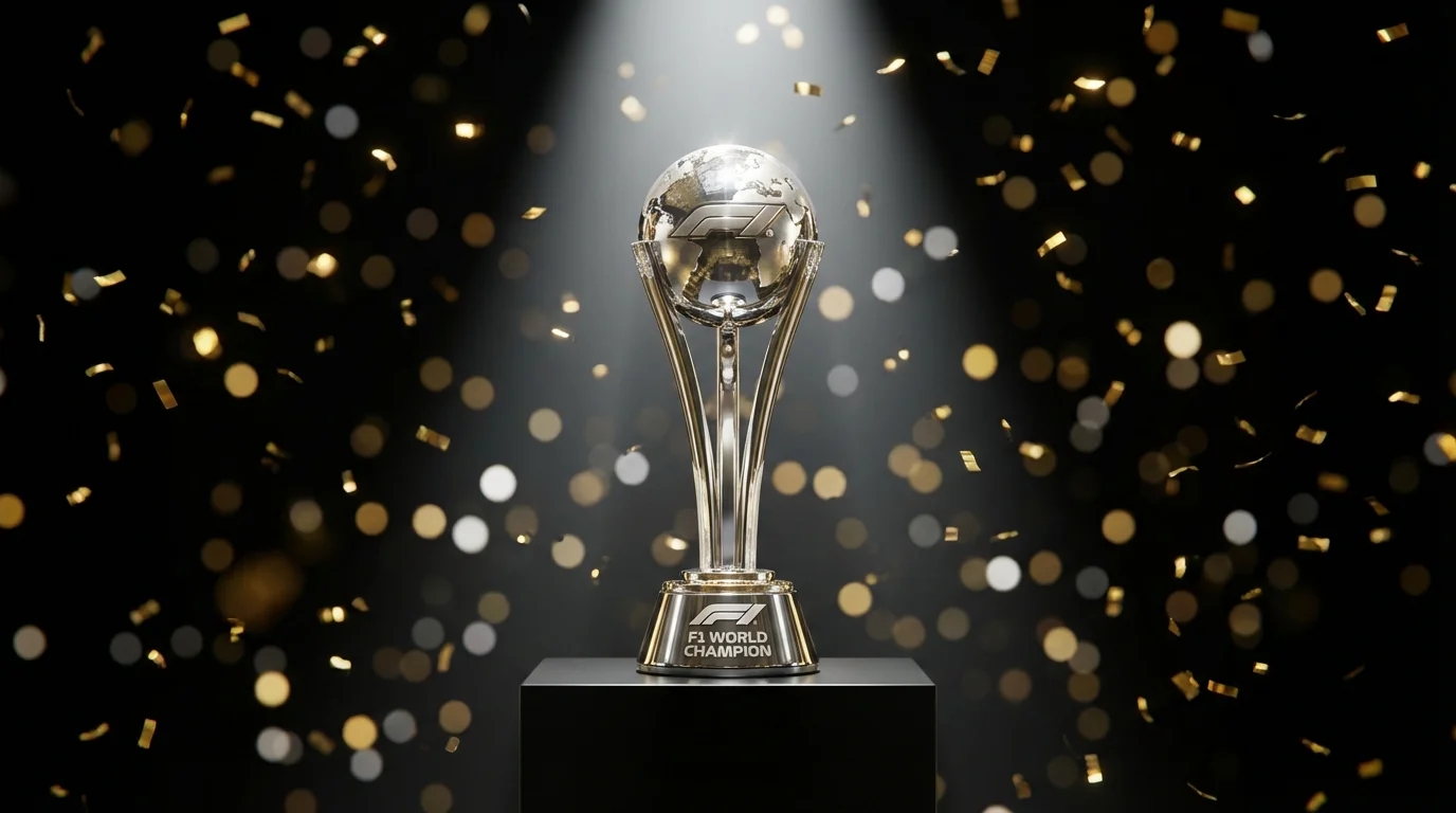 Formule 1-trofee voor het wereldkampioenschap op een podium met confetti