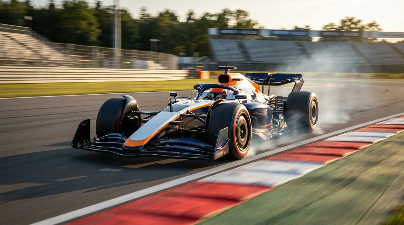 Formule 1-auto op verse zachte banden scheurt door een bocht in de slotfase