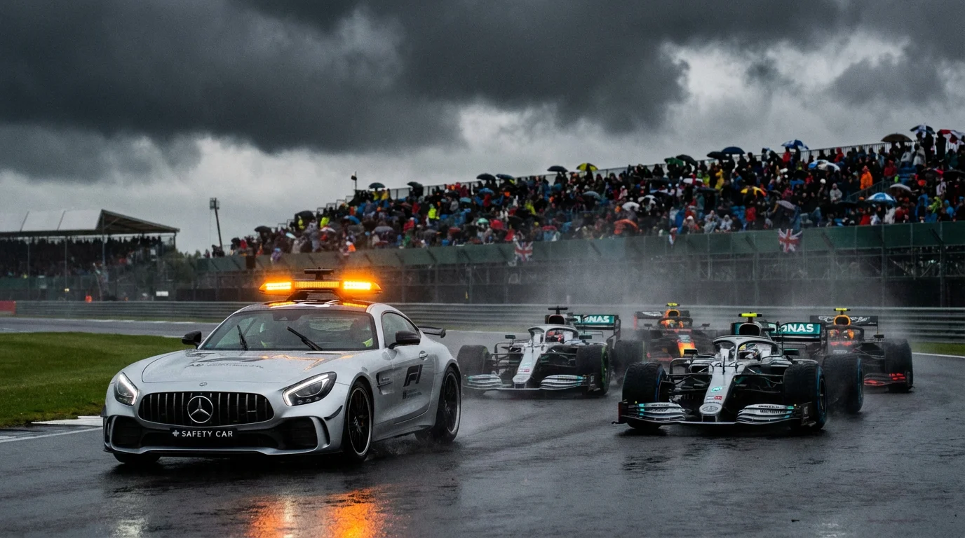 Formule 1 safety car met knipperlichten voor een groep racewagens op het circuit