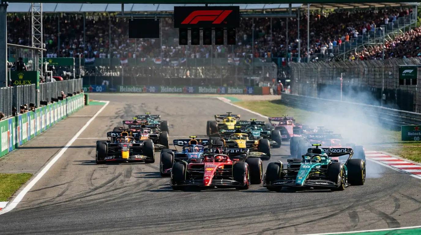 Formule 1-auto's dicht op elkaar bij de start van een sprintrace op zaterdag