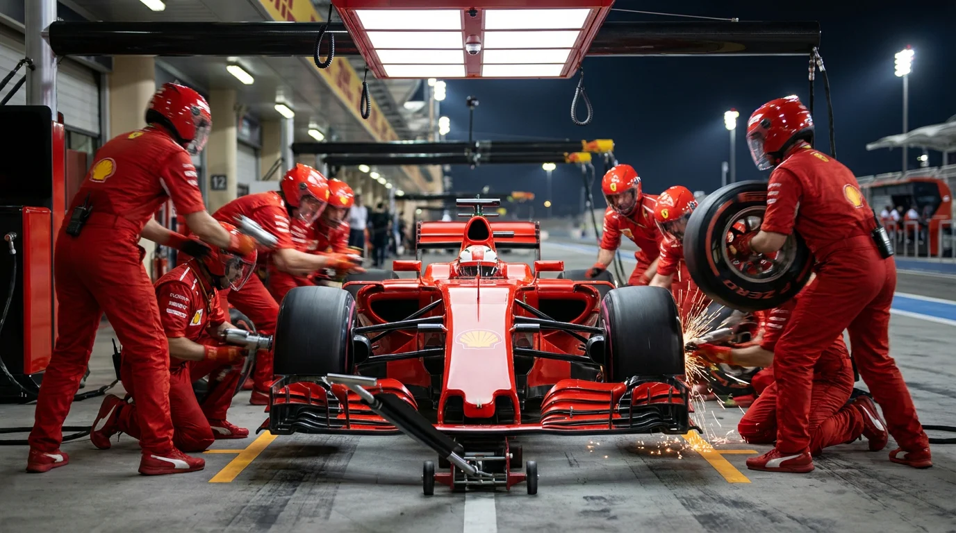 Formule 1-pitcrew wisselt banden tijdens een pitstop met bewegingsonscherpte