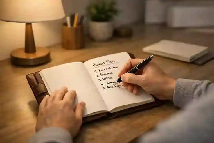 Persoon maakt notities in notitieboekje met pen bij bureau