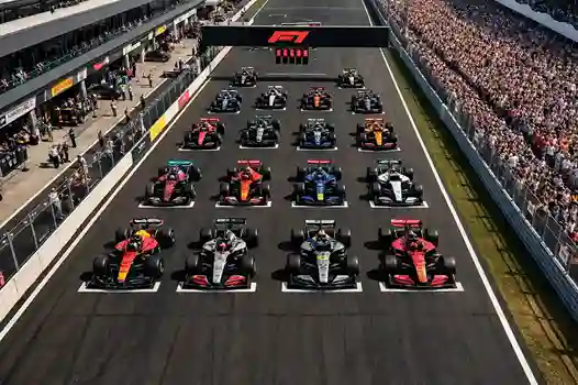 Formule 1 startgrid vanuit vogelperspectief met alle auto's op hun posities