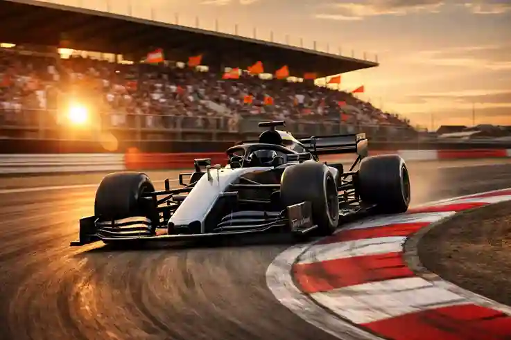 Formule 1 racewagen op hoge snelheid door een bocht op een professioneel circuit