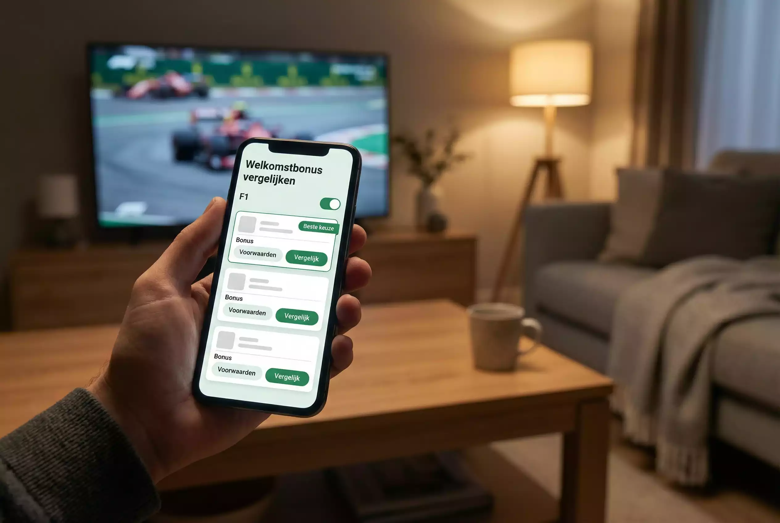 Hand houdt een smartphone vast met een welkomstbonus op het scherm bij een racecircuit