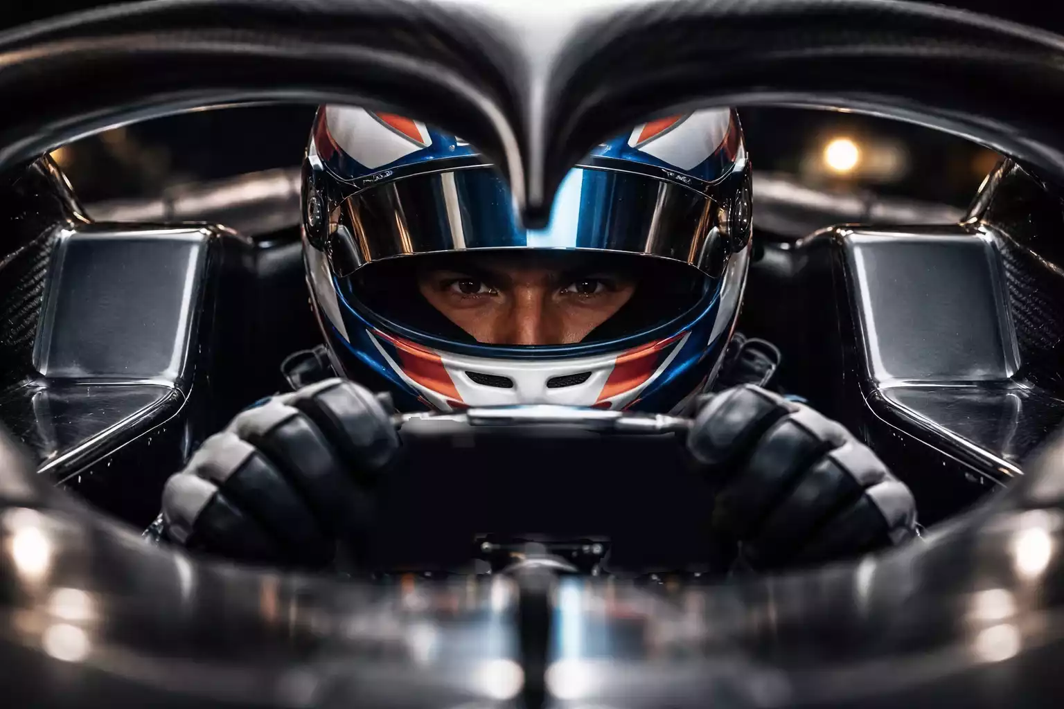 F1 coureur in cockpit met helm en halo bescherming