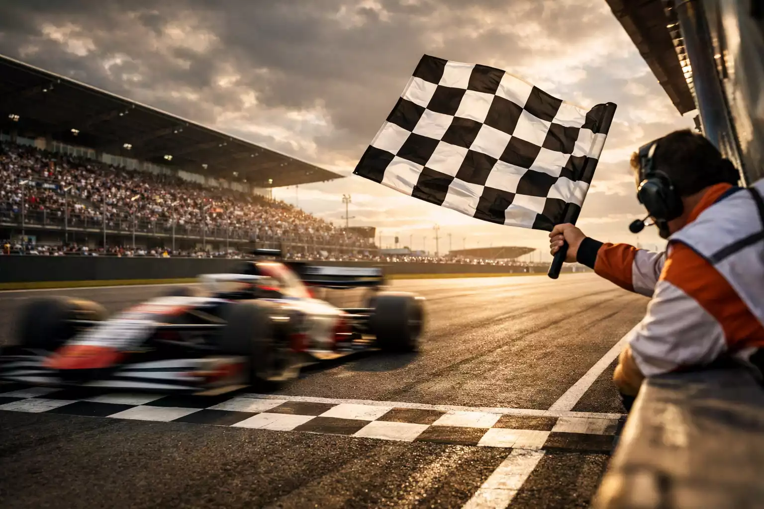 F1 auto die als eerste over de finishlijn komt met geblokte vlag