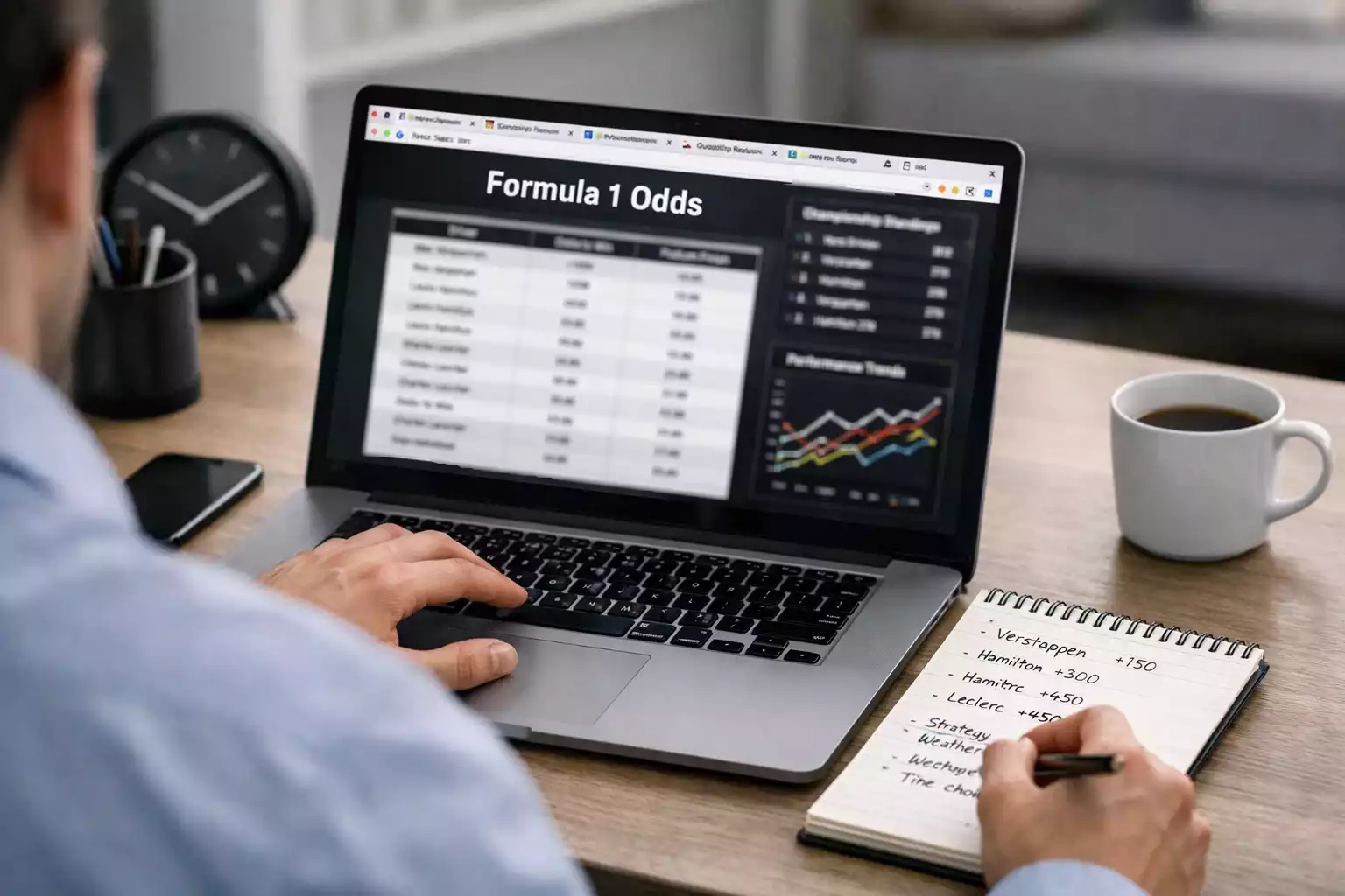 Professionele wedder die F1 odds vergelijkt op laptop scherm