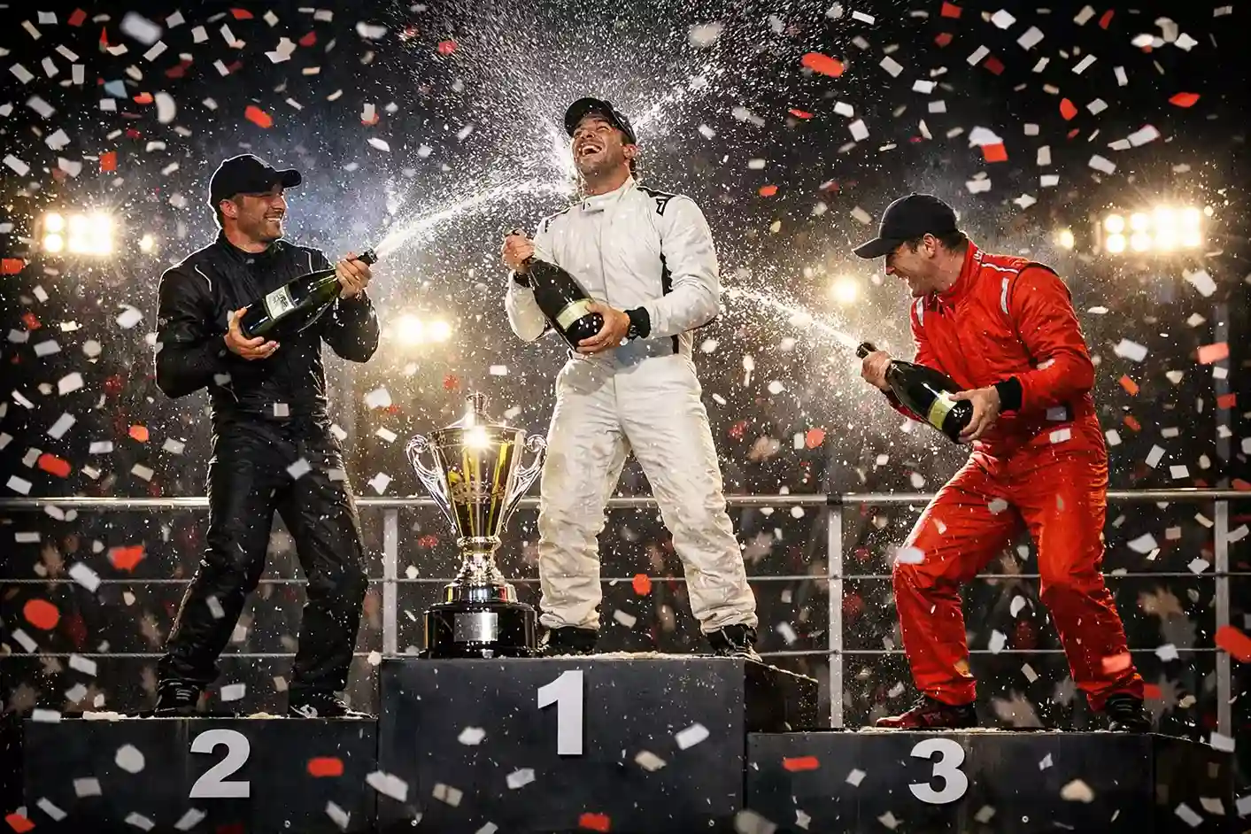 Formule 1 podium ceremonie met champagne en trofeeën