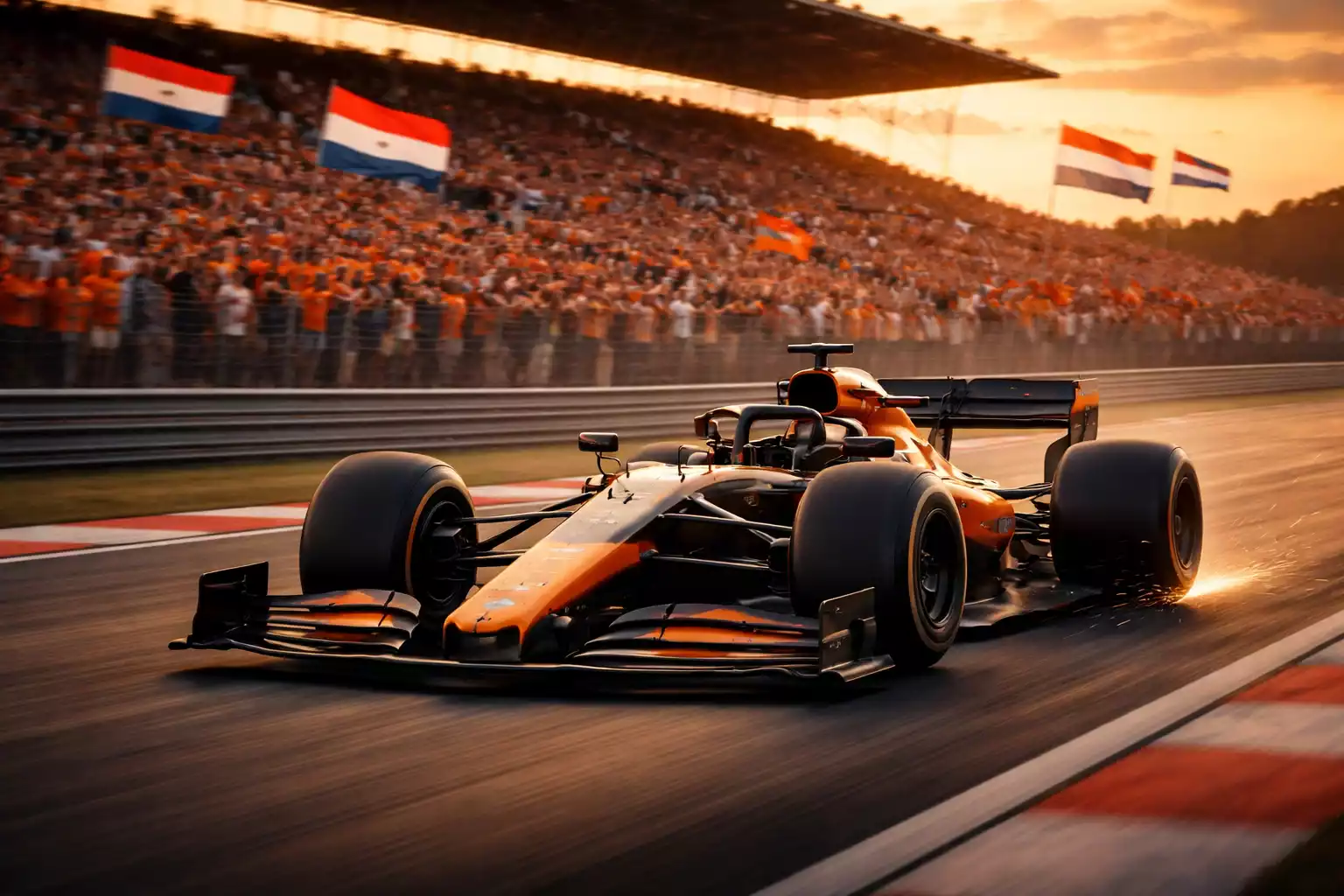 Formule 1 auto op circuit met Nederlandse vlaggen in het publiek