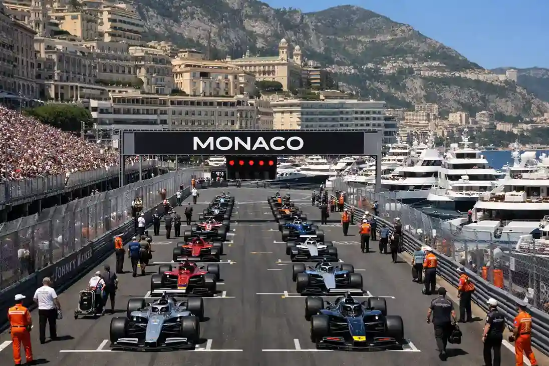 F1 coureurs op startgrid in Monaco met jachten op achtergrond