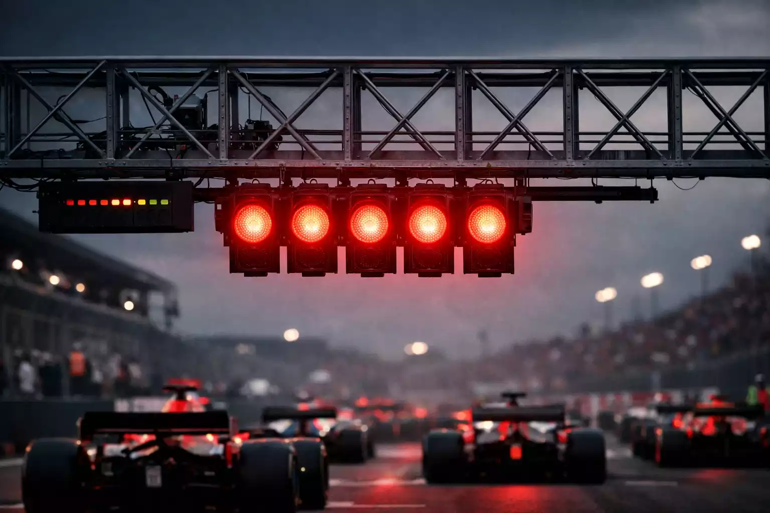 Formule 1 startlichten met drie groene lampen en spanning