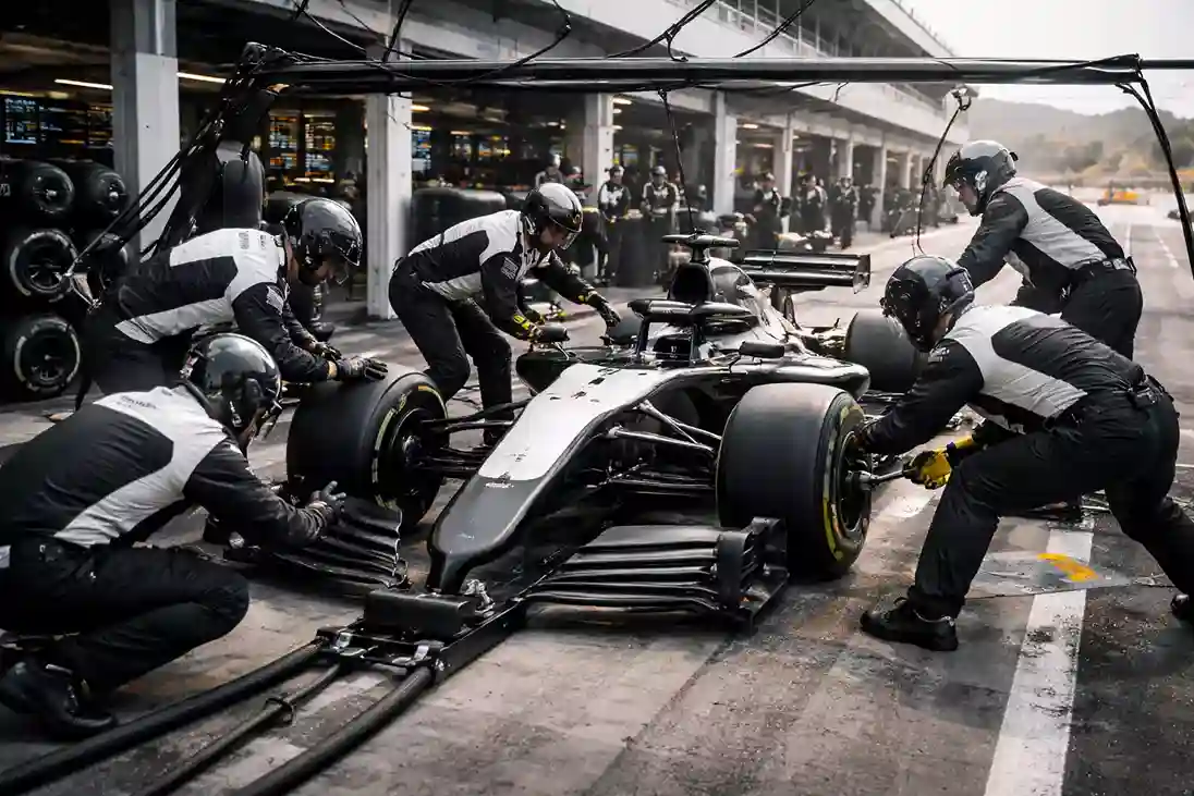 F1 strategiemuur met engineers die racedata analyseren