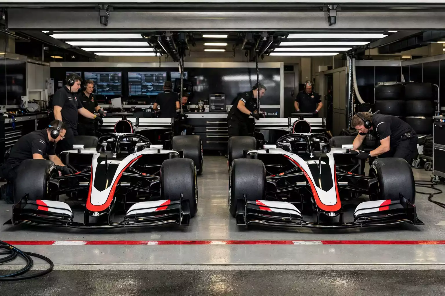 Twee F1 teamgenoten vergelijken in dezelfde garage