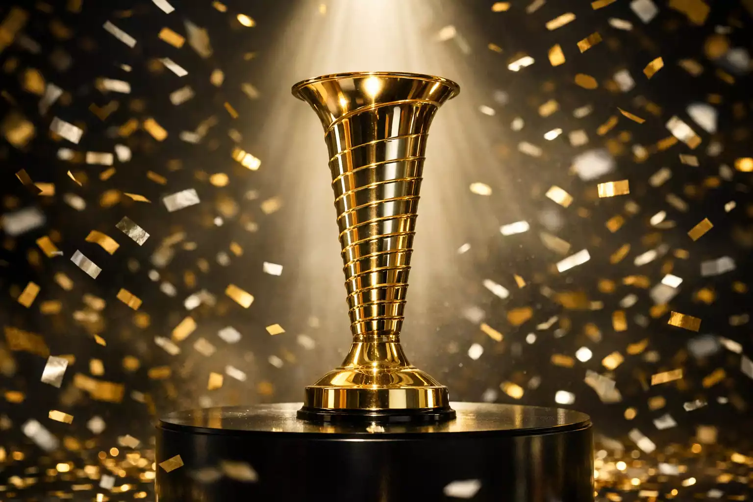 F1 wereldkampioen met trofee en confetti aan einde seizoen