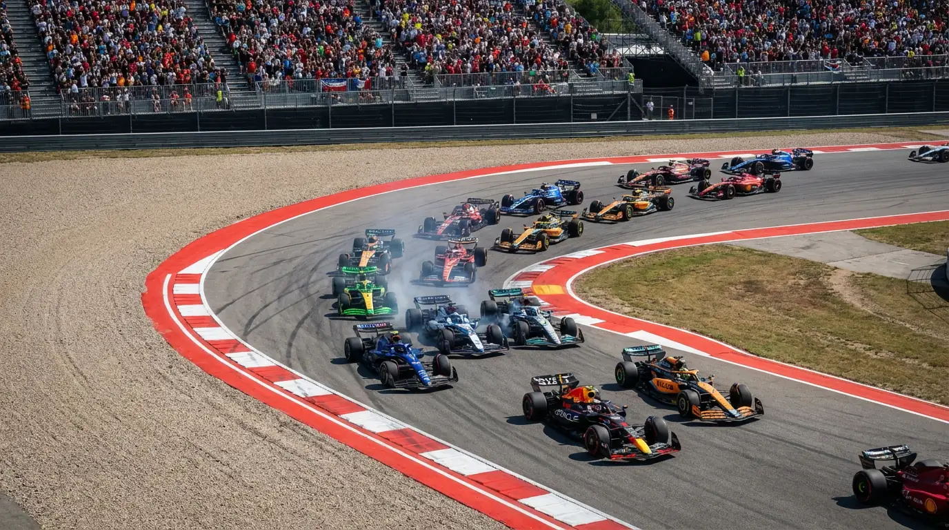 Formule 1-race in volle actie met meerdere auto's in een bocht