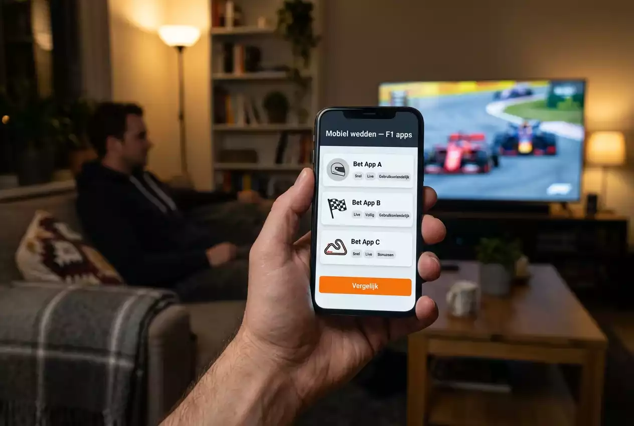 Hand houdt een smartphone vast met een Formule 1-race op een televisie op de achtergrond