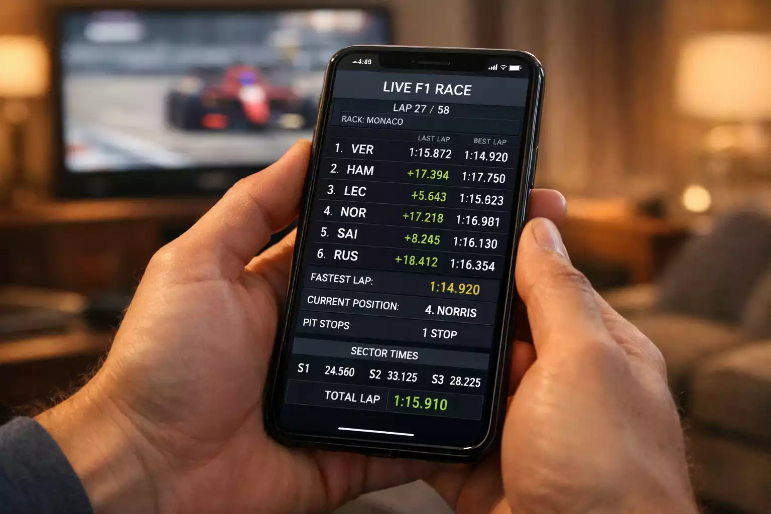 Smartphone met F1 wedden app interface en live race statistieken