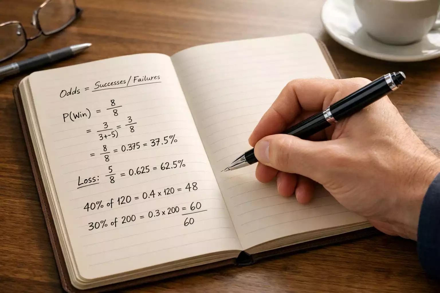 Hand met pen die berekeningen maakt in notitieboek