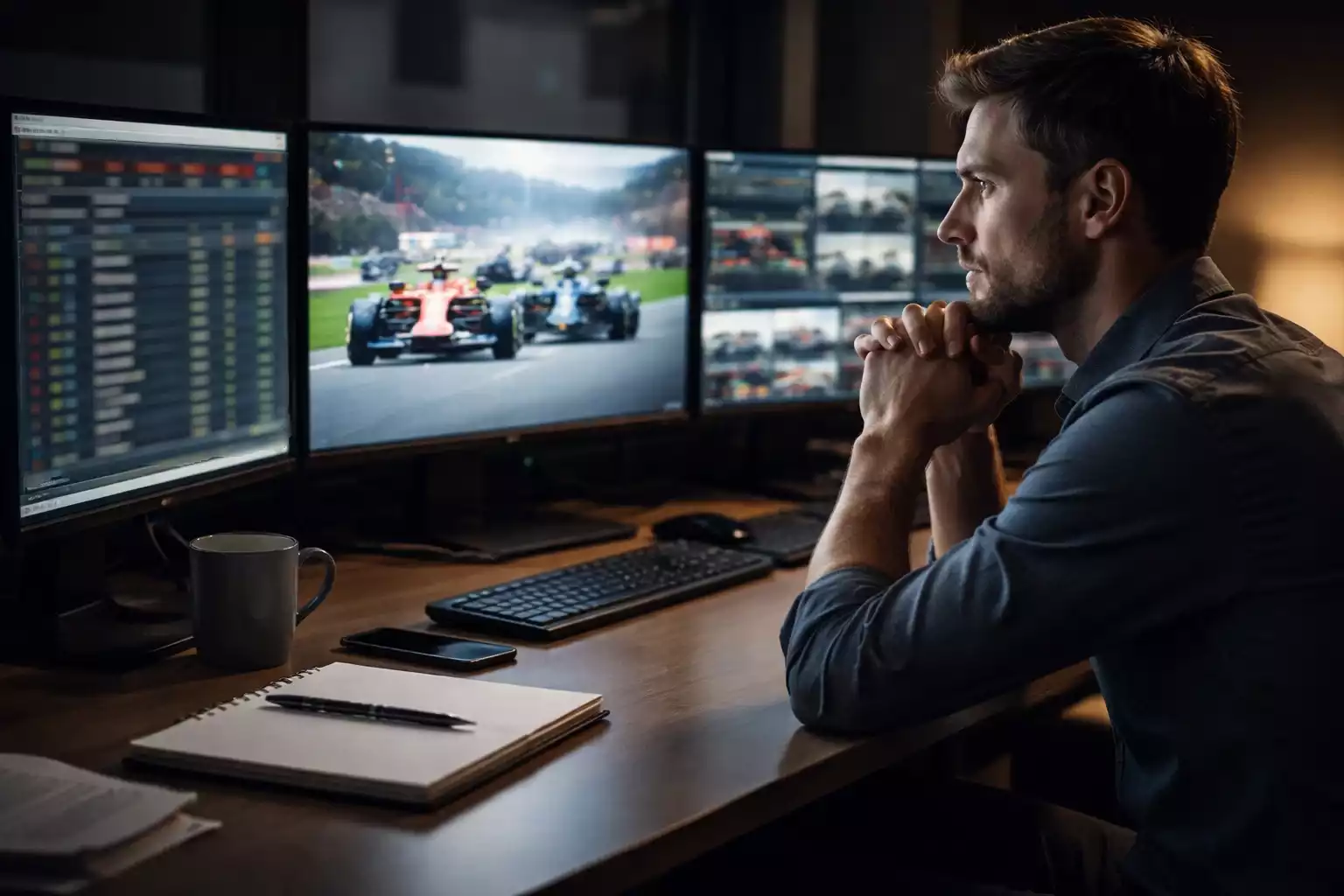 Persoon die rustig F1 race analyseert op meerdere schermen