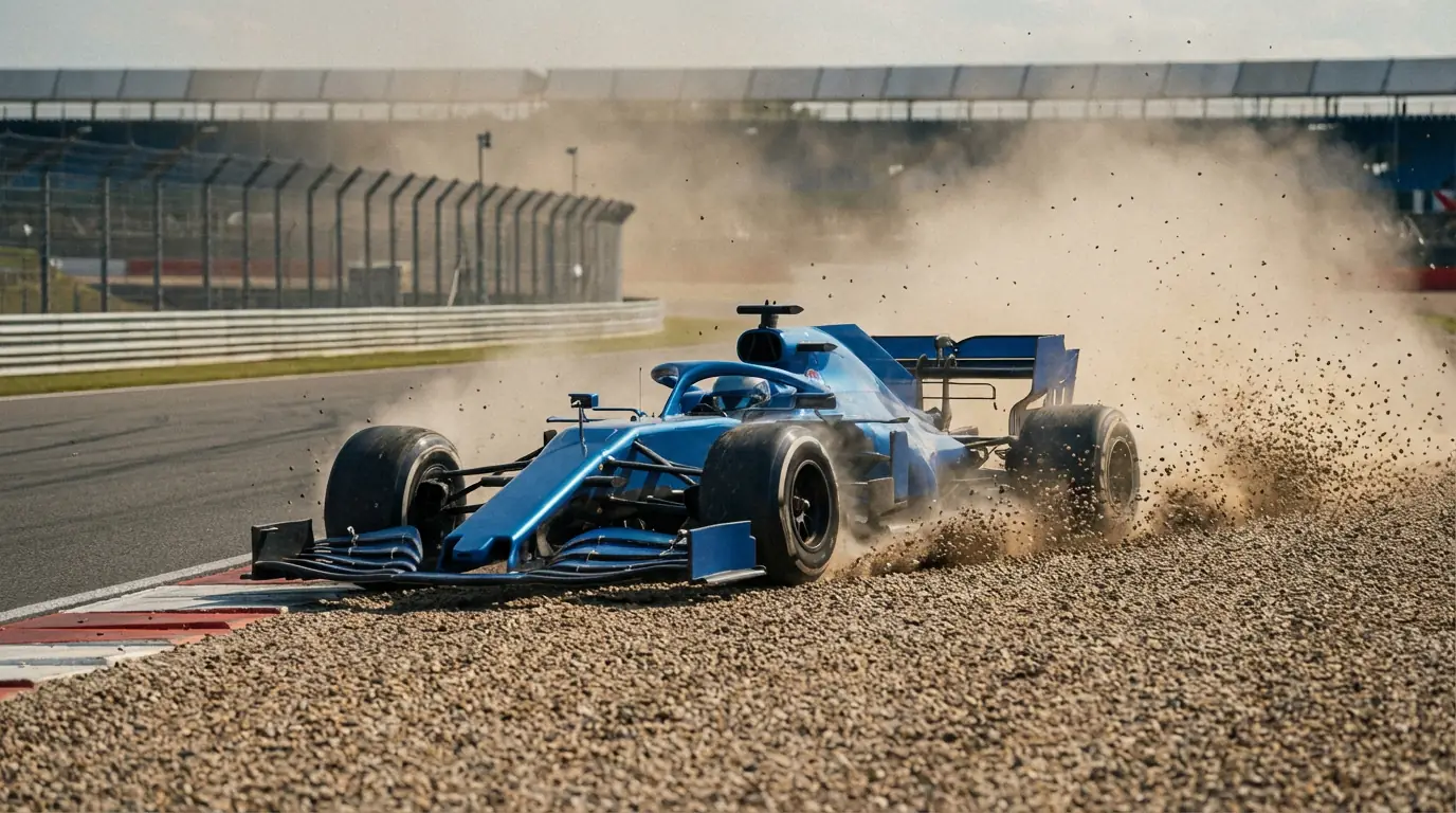 Formule 1-auto glijdt wijd in een grindbak naast het circuit als symbool van een fout