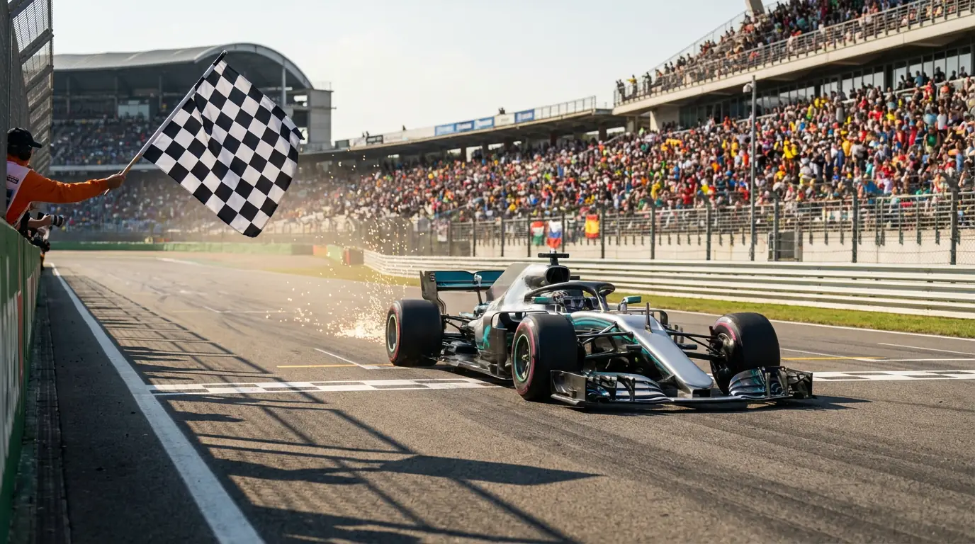 Formule 1-coureur passeert als eerste de finishlijn tijdens een Grand Prix