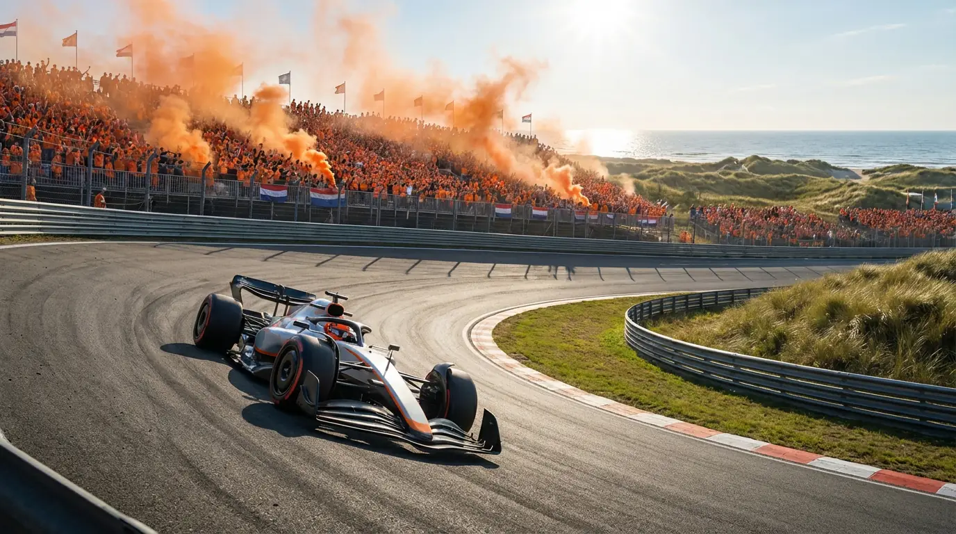 Formule 1-auto op Circuit Zandvoort met oranje tribunes en duinen op de achtergrond