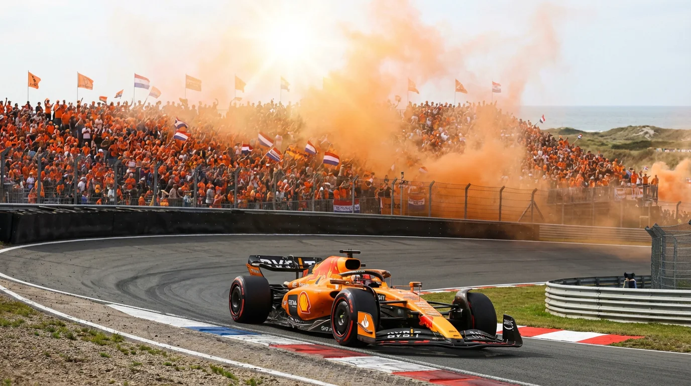 Formule 1-auto in de bekende kleuren scheurt over het circuit bij Zandvoort